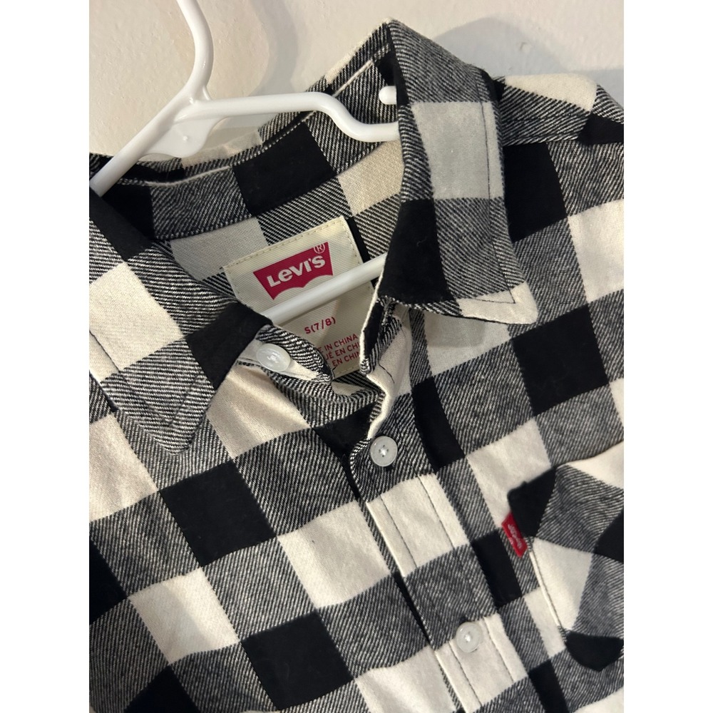Levis Kids Black White Buffalo Plaid Flannel Button Down Shirt Size S 7/8